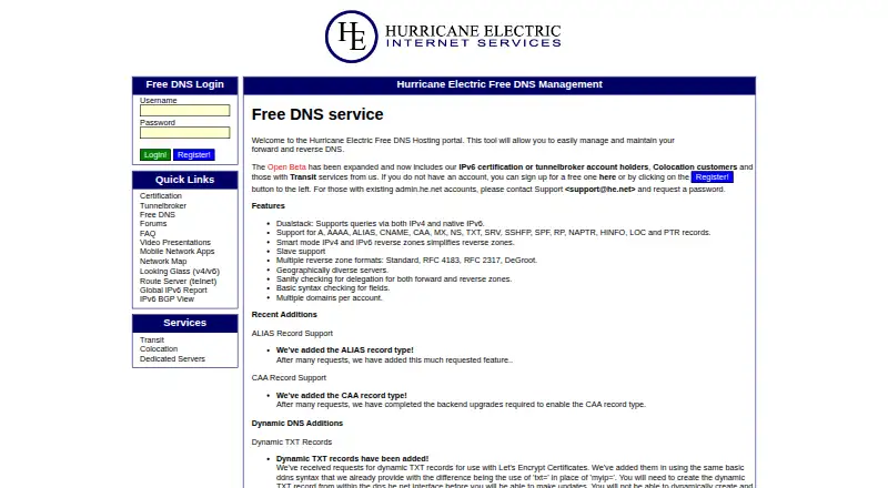 Hurricane Electric Hosted DNS screenshot