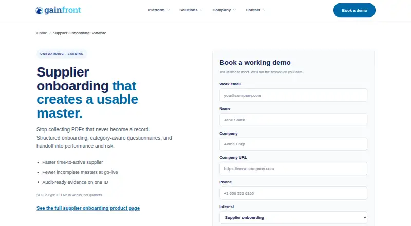 Gainfront Supplier Onboarding screenshot