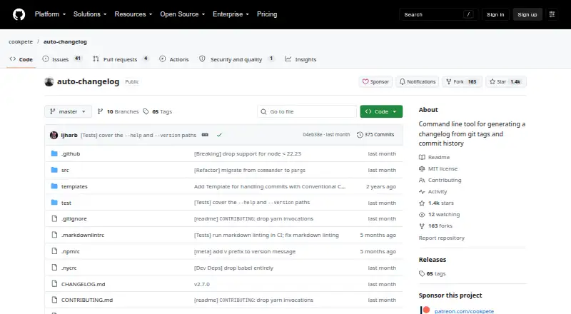 auto-changelog screenshot
