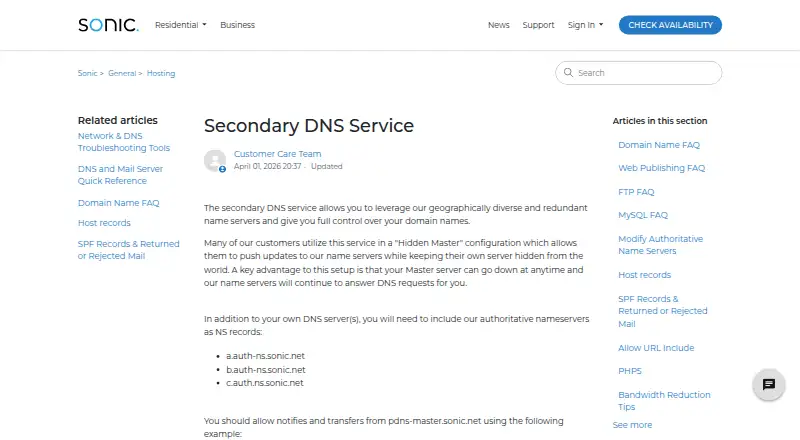 Sonic Secondary DNS Service screenshot