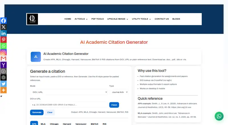 Jollondon AI Academic Citation Generator screenshot