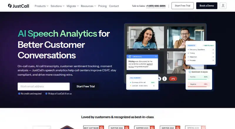 JustCall Speech Analytics screenshot