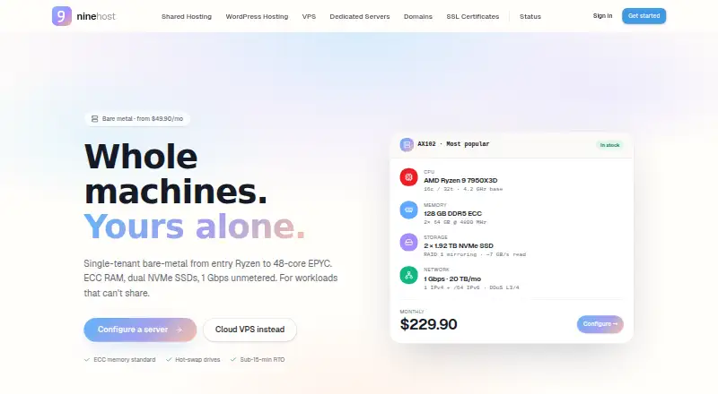 NineHost Bare Metal Dedicated Servers screenshot