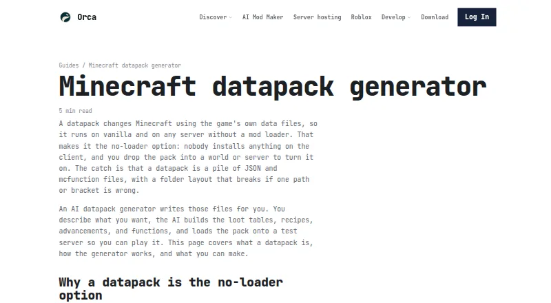 Orca Minecraft Datapack Generator screenshot