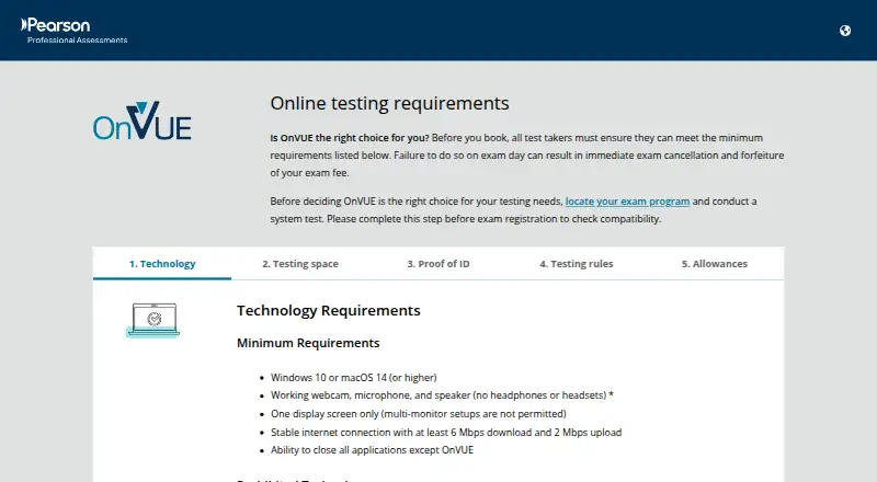Pearson OnVUE screenshot