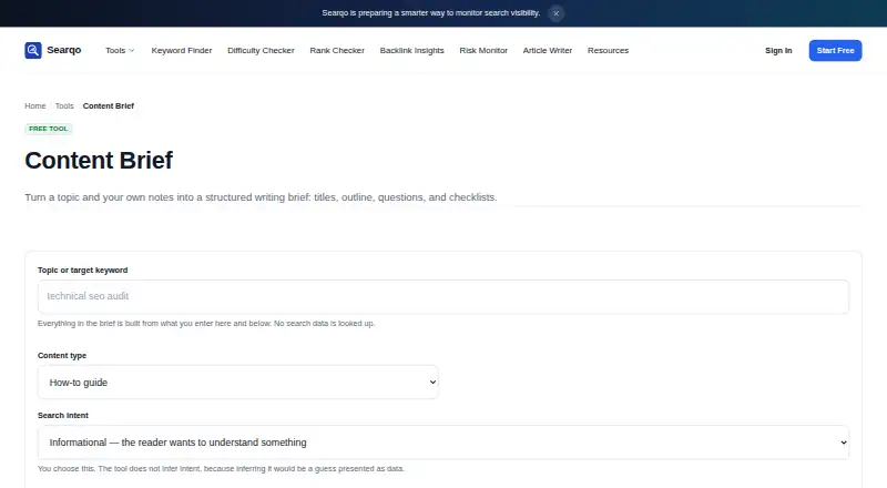 Searqo Content Brief screenshot