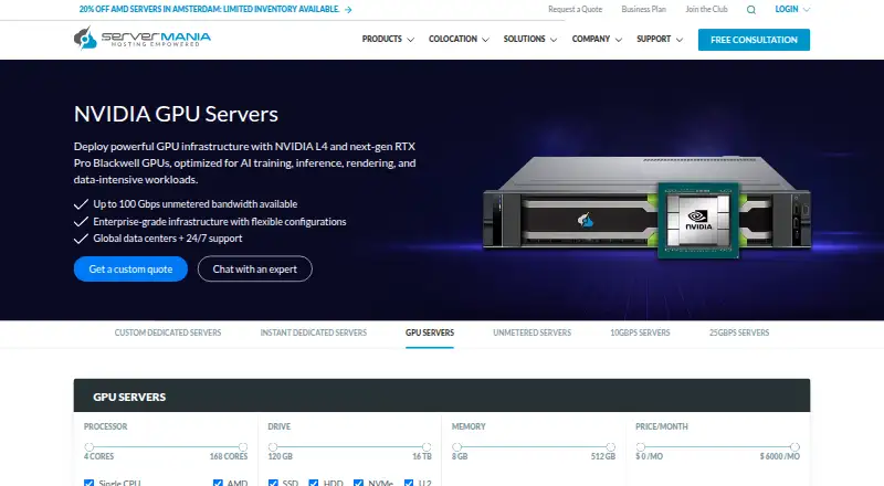 ServerMania GPU Servers screenshot