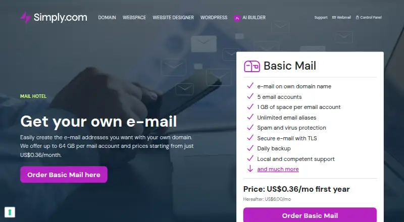 Simply.com Email screenshot