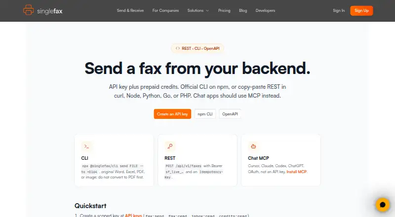 SingleFax API screenshot