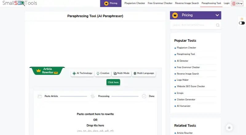 SmallSEOTools Paraphrasing Tool screenshot