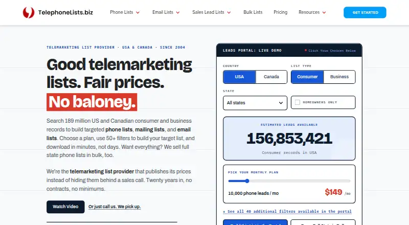 TelephoneLists.biz screenshot