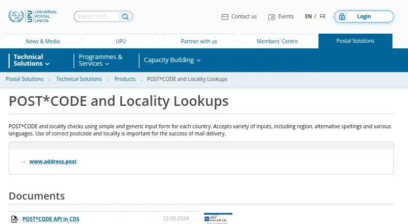 UPU POST*CODE API screenshot