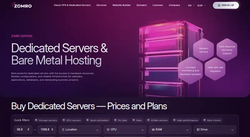 Zomro Dedicated Servers screenshot