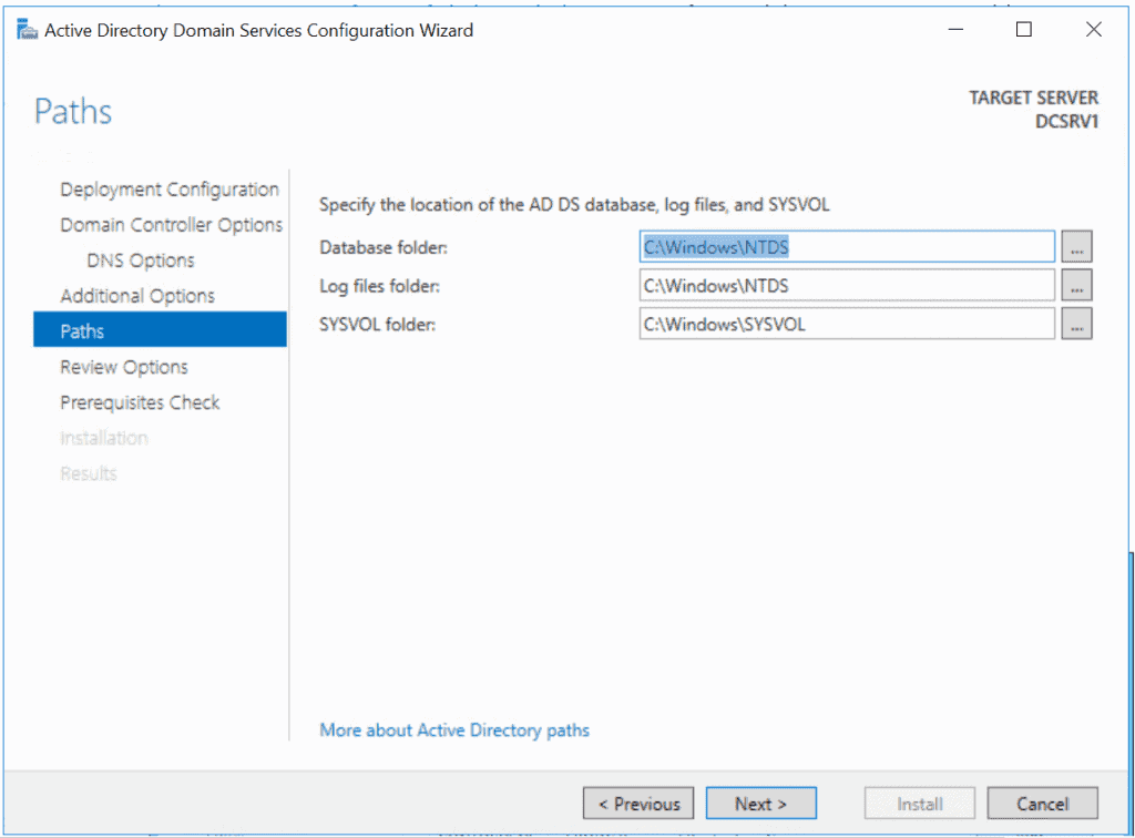 AD DS Database, logfile and SYSVOL Paths