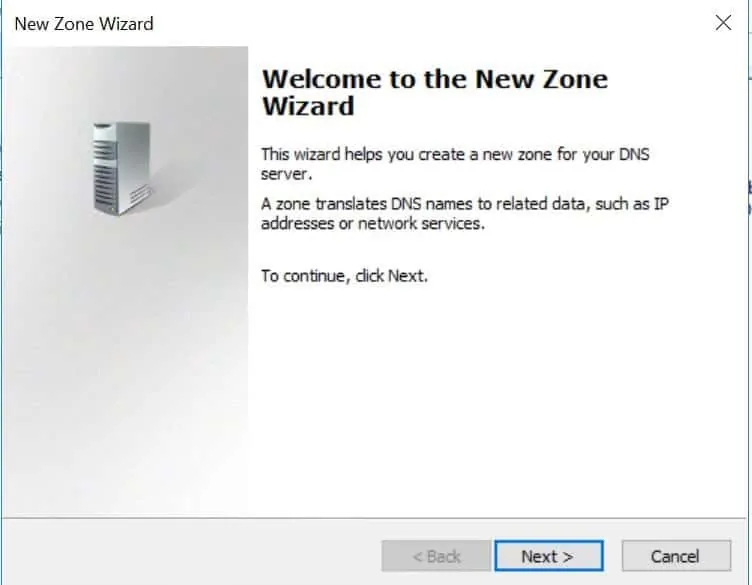 Configure DNS For Active Directory Domain Services - New Zone welcome screen