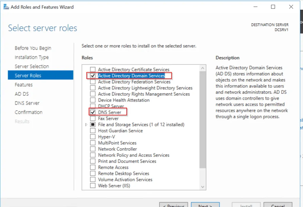 Select AD DS and DNS Server