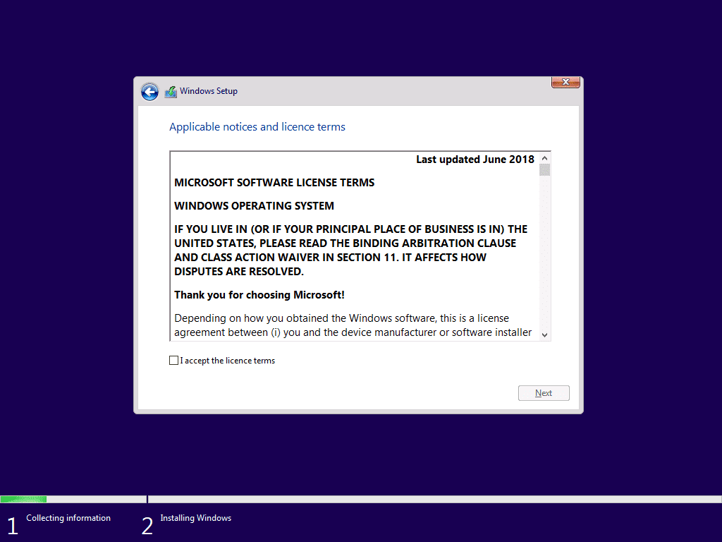 how to Install Windows 10 - accept license agreement
