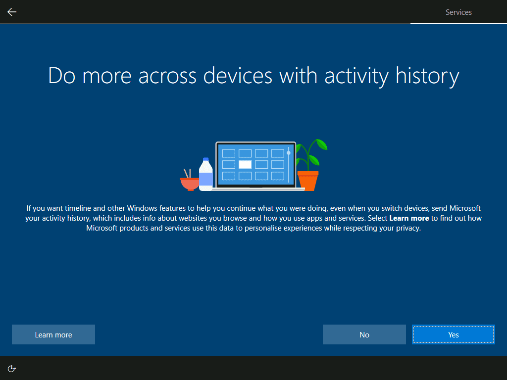 how to Install Windows 10 - configure across device activity history