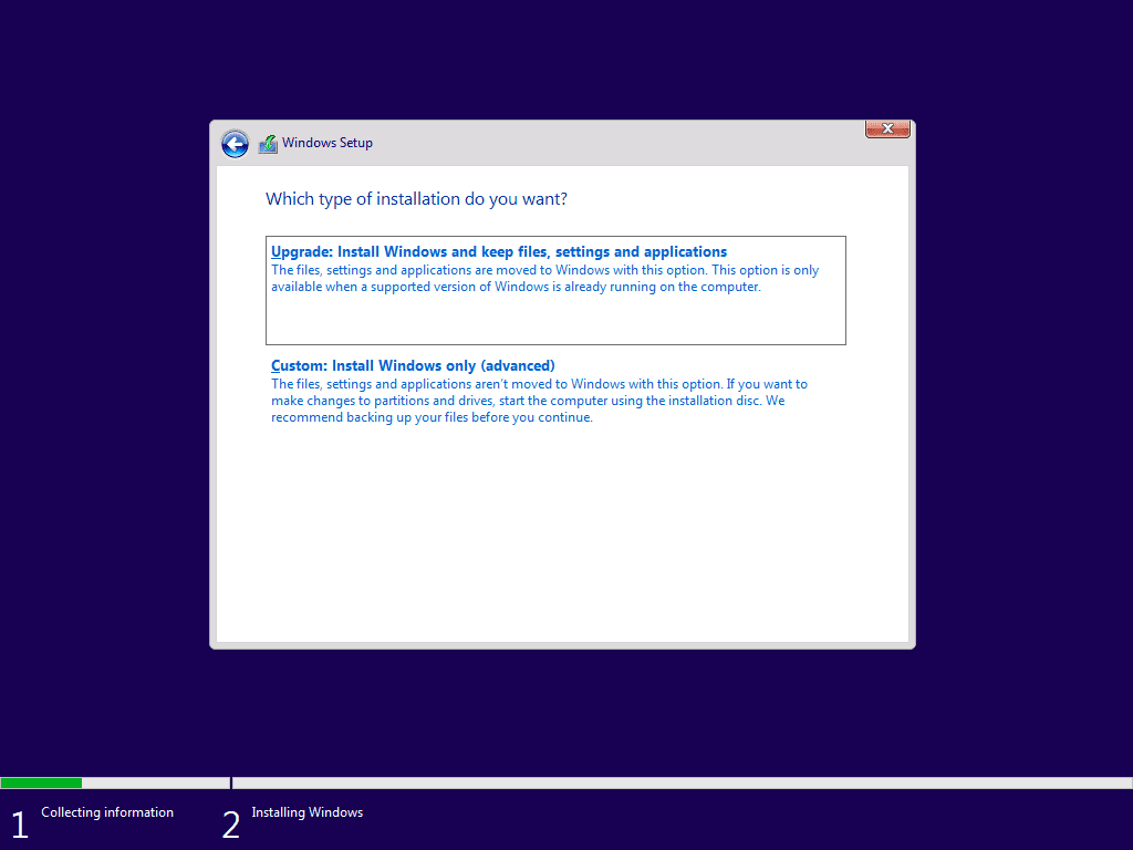select installation option - select "Custom: Install Windows only (Advanced)"
