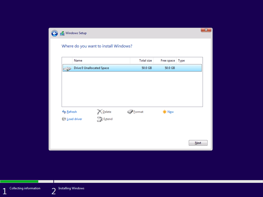 how to Install Windows 10 - select the HDD you wish to install in and click next