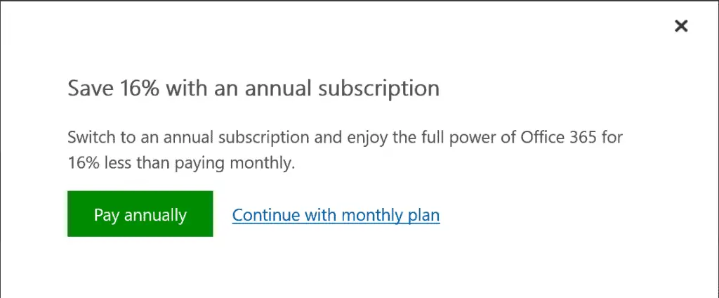 office 365 (outlook 365) subscription page - dialogue box to confirm annual or monthly plan