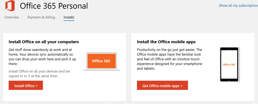 Your account - installs tab - install office apps including Android and iOS apps