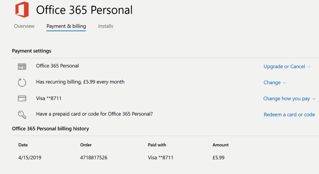 Outlook 365 account - payment and billing tab