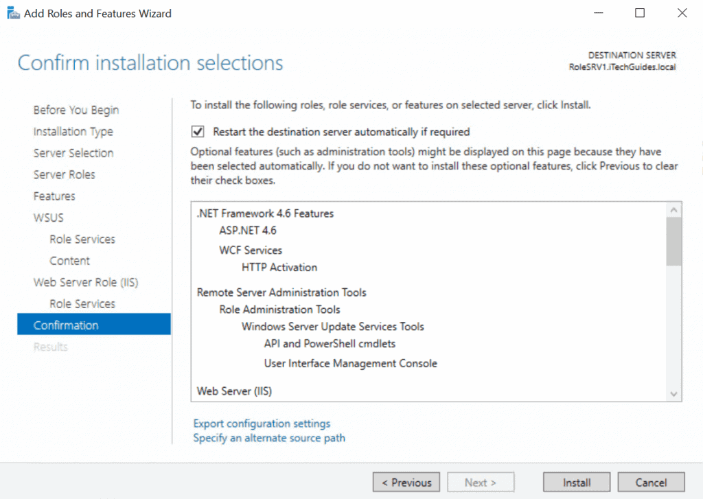 WSUS (Windows Server Update Service) - roles installation confirmation page