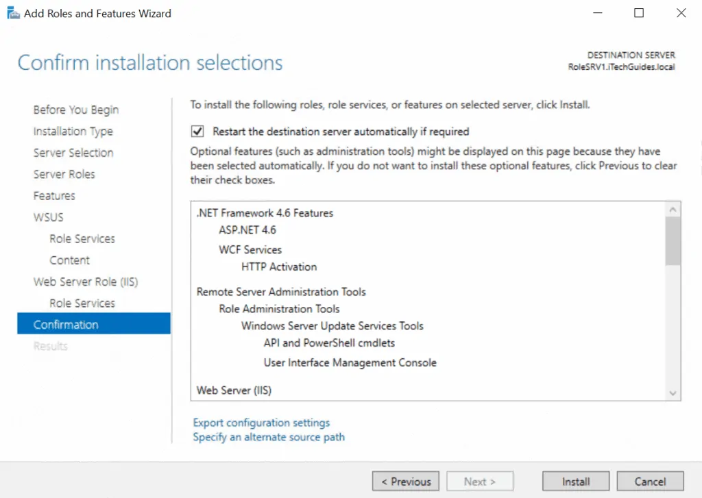 WSUS (Windows Server Update Service) - roles installation confirmation page