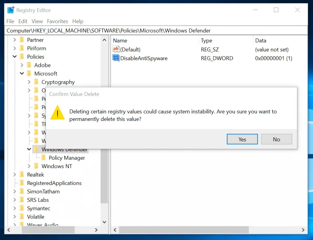 Confirm DisableAntiSpyware registry key delete. 