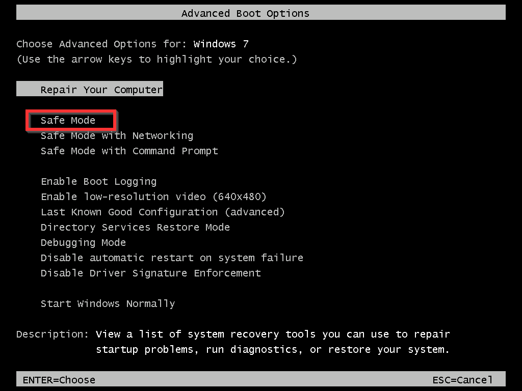 Windows 7 Advanced Boot Options  - Includes safe mode