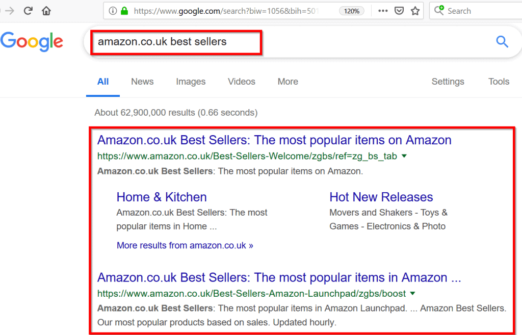 amazon.co.uk best sellers Google result