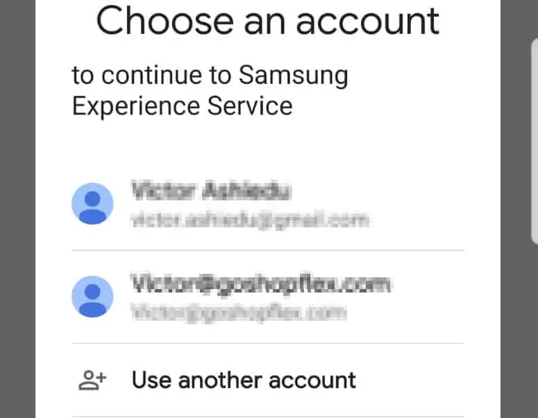 Find my Samsung - select a Google account