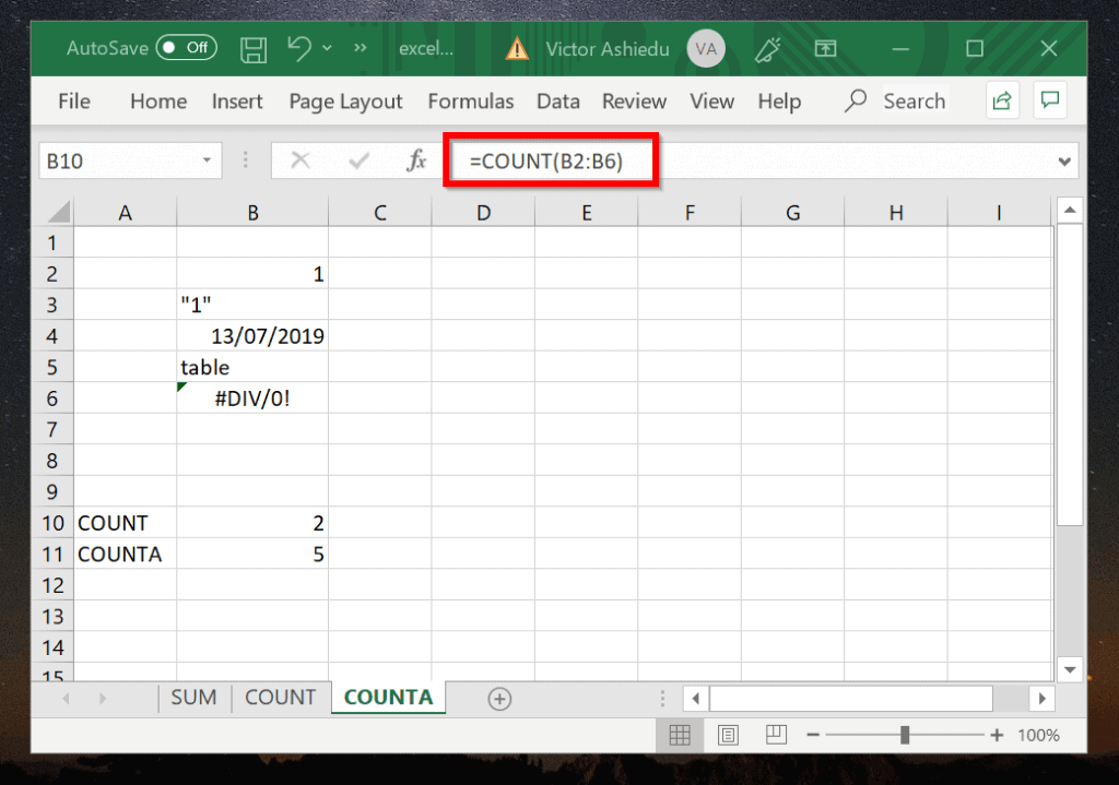 Excel Count Example 2 (COUNTA Function)