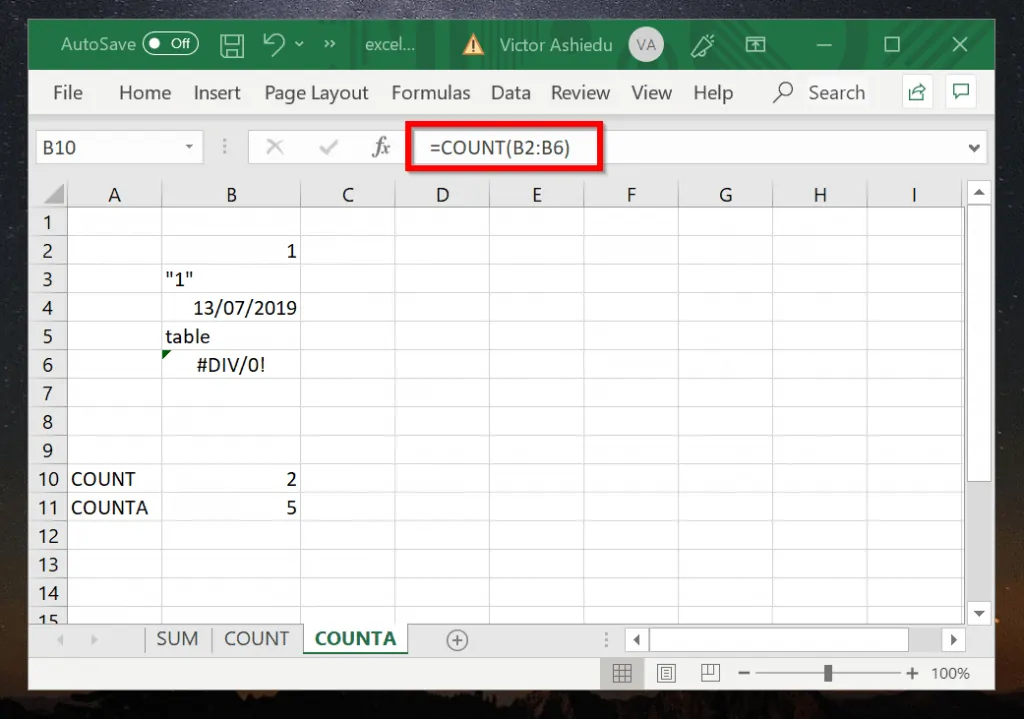 Excel Count Example 2 (COUNTA Function)