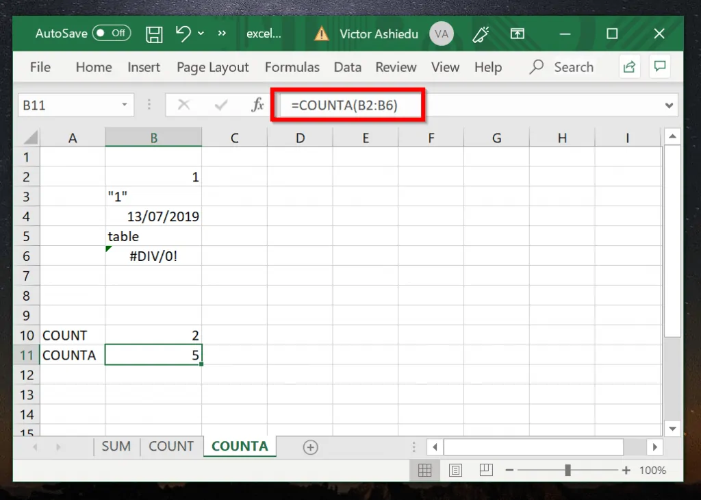Excel Count Example 2 (COUNTA Function)