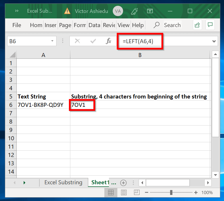 Excel Substring LEFT Example