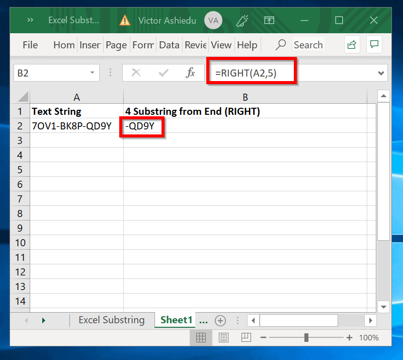 Excel Substring RIGHT Example