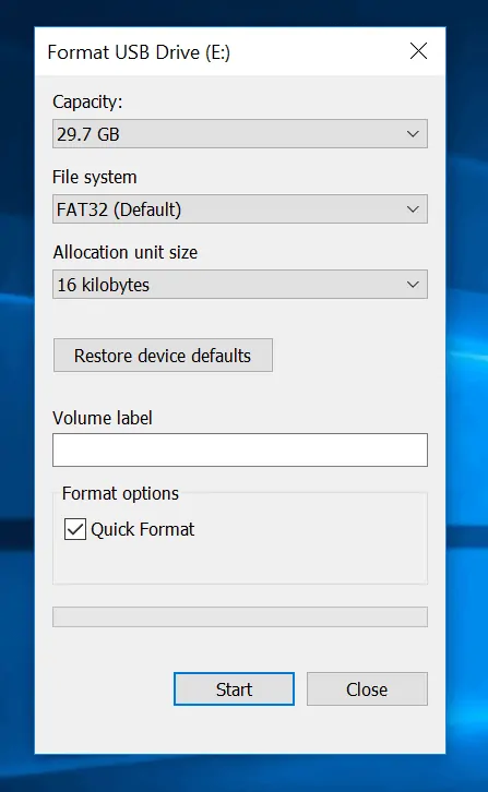 Dual Boot Ubuntu and Windows 10  - format USB stick 