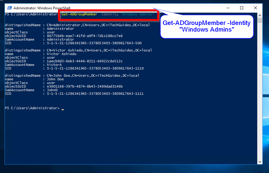 powershell get ad group members - Get-ADGroupMember -Identity "Windows Admins"
