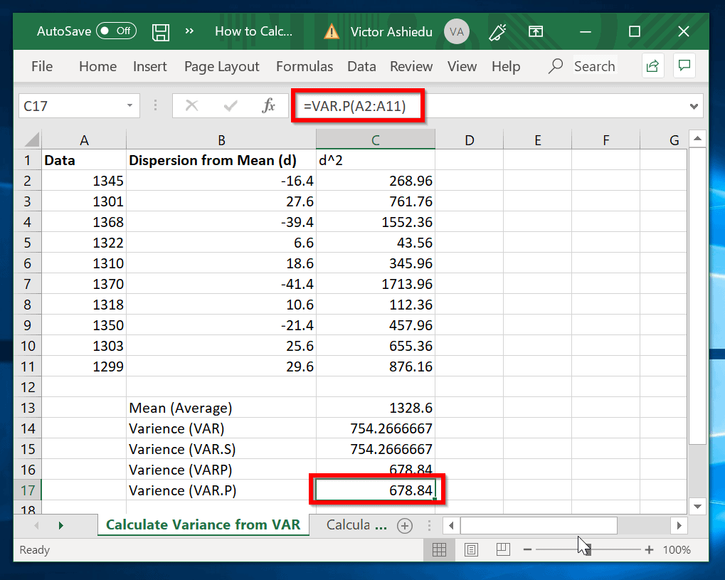 How to Calculate Variance in Excel with VAR.P function