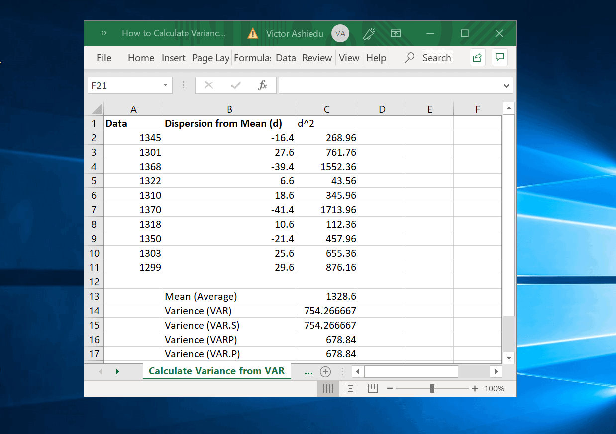 Comment calculer la variance dans Excel