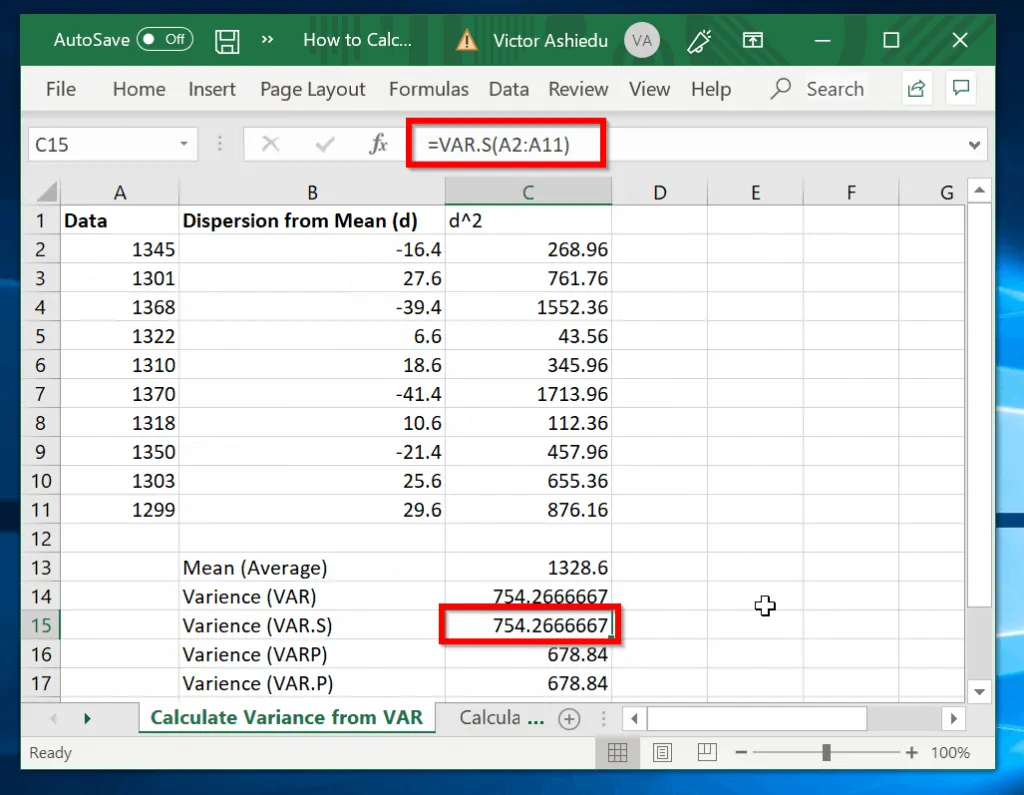 How to Calculate sample Variance in Excel with VAR.S function