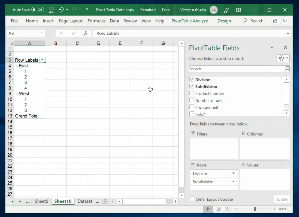 How to Customize a Pivot Table in Excel - drag column headers to Rows box