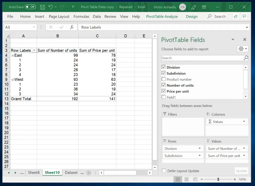 How to Customize a Pivot Table in Excel - drag column headers to Values box