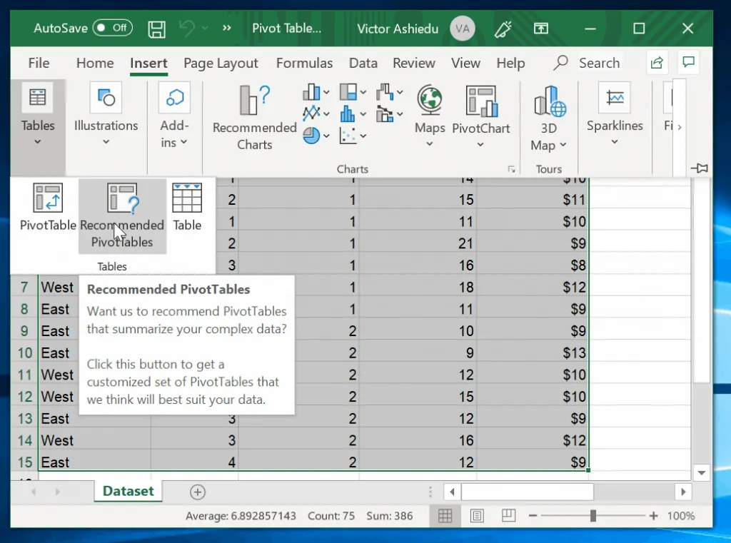  How to Make a Pivot Table With Excel Recommended PivotTables  - click Insert tab. Then select Recommended PivotTables