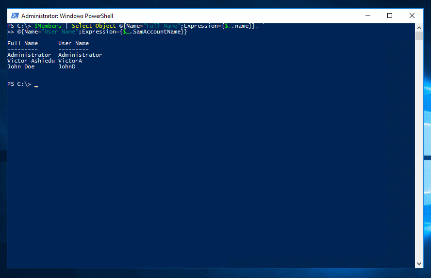 powershell get ad group members - output of the script so far. 