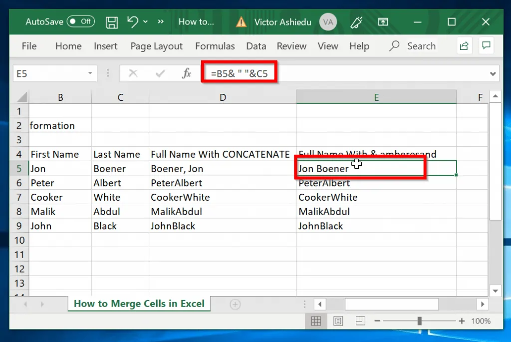 How to Merge Cells in Excel with “&” (Ampersand)