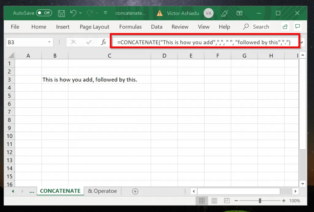 combine strings with CONCATENATE Function