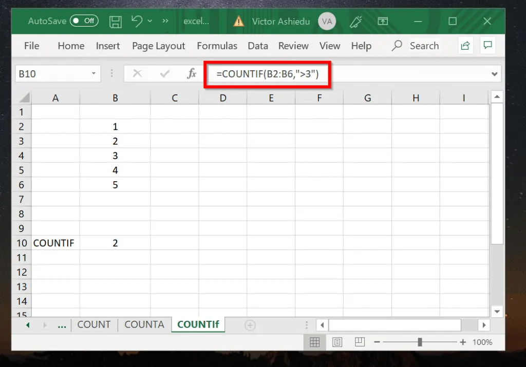 Excel COUNTIF Example